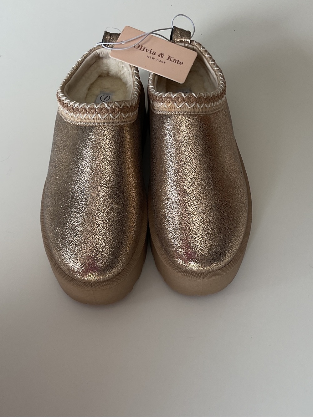 Olivia & Kate Womenโs Metallic Gold Cozy Slip-On Clog NWT